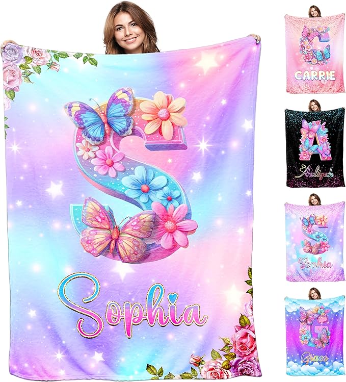 Ship Next Day,Personalized Baby Blanket for Girls Custom Birthday Blanket with Name Soft Butterfly Flower Pattern Personalized Name Blankets for Kids Daughter Granddaughter Friends on Birthday