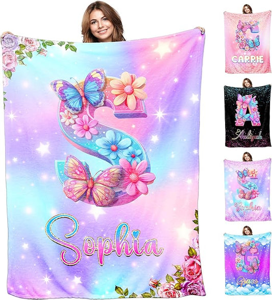 Ship Next Day,Personalized Baby Blanket for Girls Custom Birthday Blanket with Name Soft Butterfly Flower Pattern Personalized Name Blankets for Kids Daughter Granddaughter Friends on Birthday