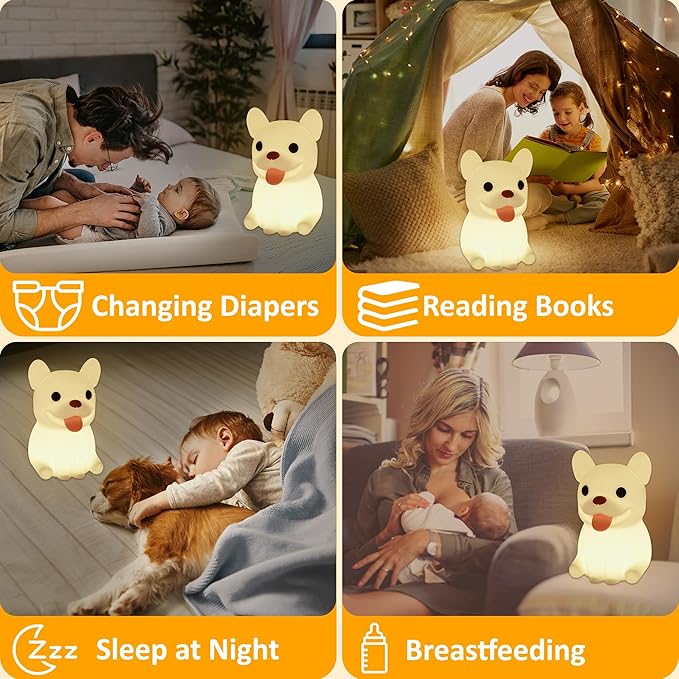 Attivolife Funny Dog Night Light, Puppy Bulldog Animal Silicone LED Touch Lamp with Timer Dimmable, USB Rechargeable Feeding Toddler Bedroom Bedside Decor Birthday Xmas Gifts for Kid Baby Child