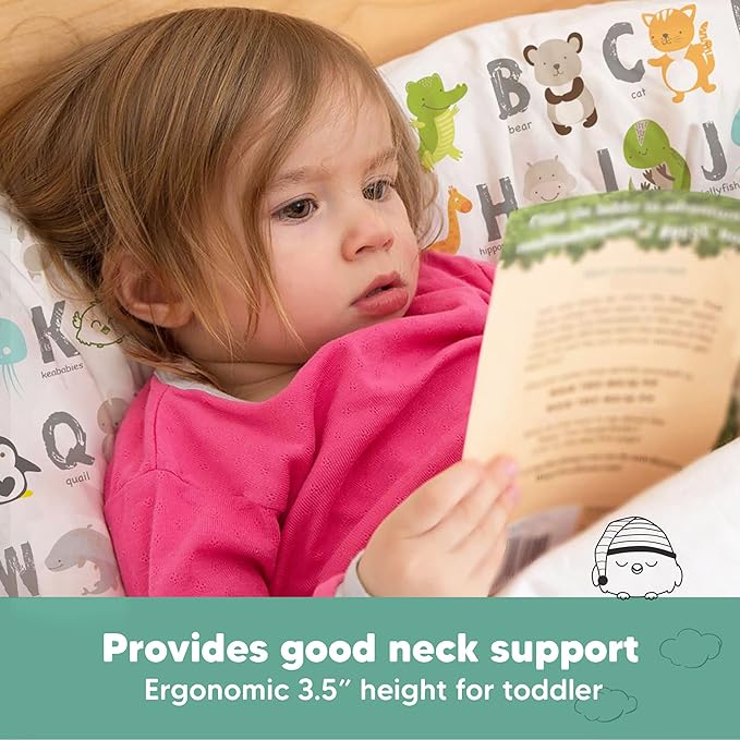 Toddler Pillow with Pillowcase - 13x18 My Little Dreamy Kids Travel Bed Pillows for Sleeping, Organic Cotton Small Pillowcase, Soft & Breathable, Machine Washable, Toddlers 2-5 Years Old (KeaABC)