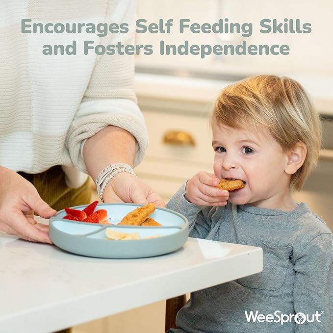 WeeSprout Silicone Suction Plate - Two-Tone Baby Plate with Suction Cup - Sectioned Divided Dish for Kids, Infants, Toddlers - Food-Grade Silicone Dinnerware (Matte Pink/Matte Purple)