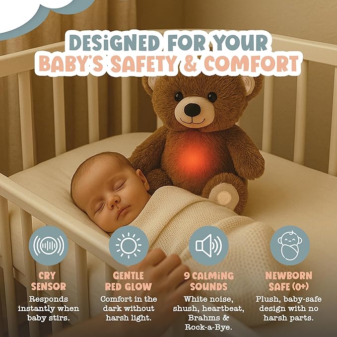 Gemma Joy Baby Sleep Soother Brown Bear for Baby – Cry Activated Heartbeat Stuffed Animal – Rechargeable Crib Soother with White Noise, Shush, Lullabies & Night Light – Newborn Essentials Must Haves