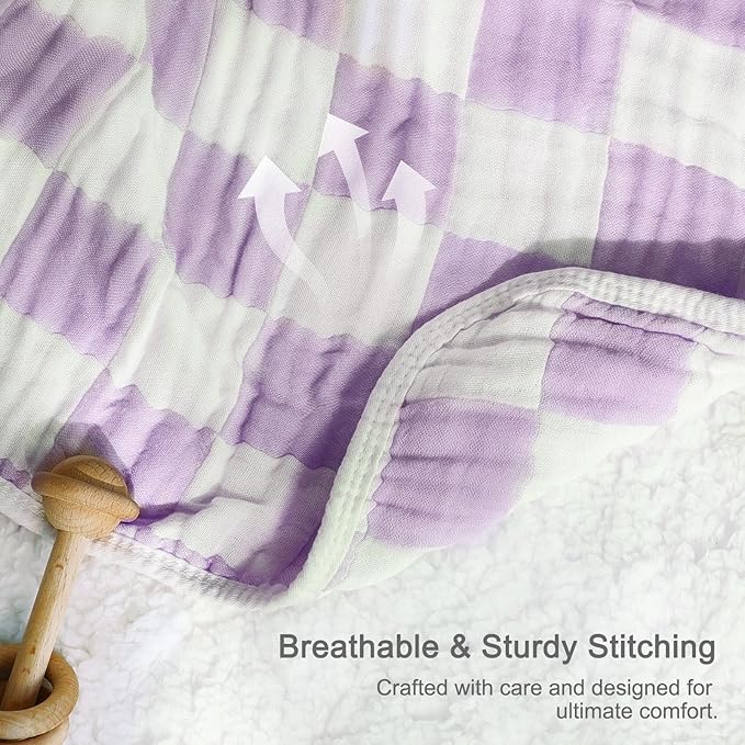 Muslin Swaddle Blankets, Ultra Soft Checkered Receiving Blankets for Baby Boys and Girls, 43 x 43 Inches Baby Swaddle Neutral Wrap 70% Cotton and 30% Rayon Purple