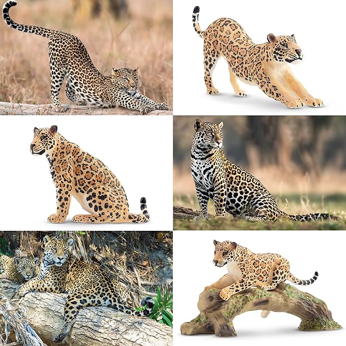 Toymany 7PCS Jaguars Figurines with Jaguars Cub and Tree Trunk, Realistic Jungle Animals Figures Family Playset, Educational Toy Cake Toppers