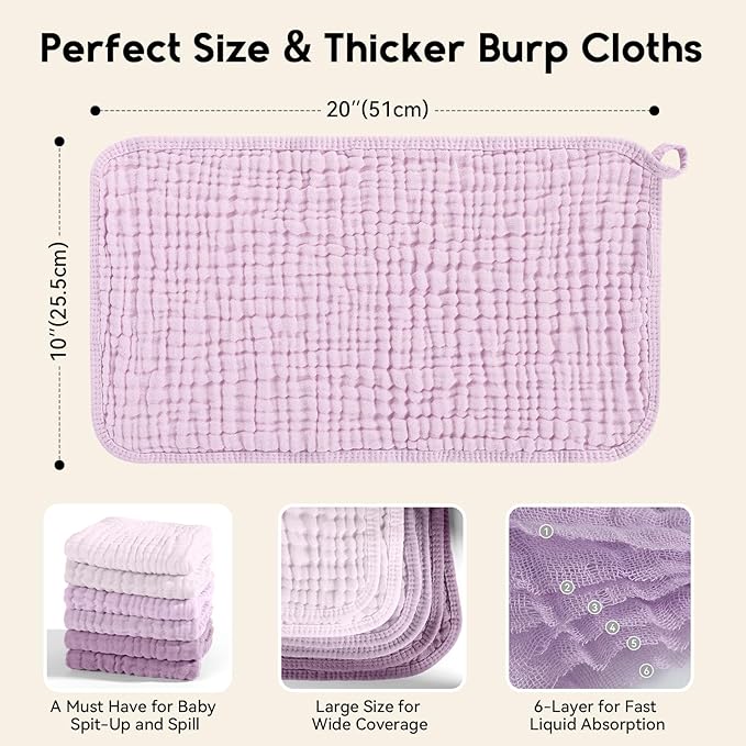 Muslin Burp Cloths for Baby 100% Cotton Burping Cloths for Boys Girls Large 20''X10'' Extra Soft and Absorbent 12 Pack - Gradient Purple