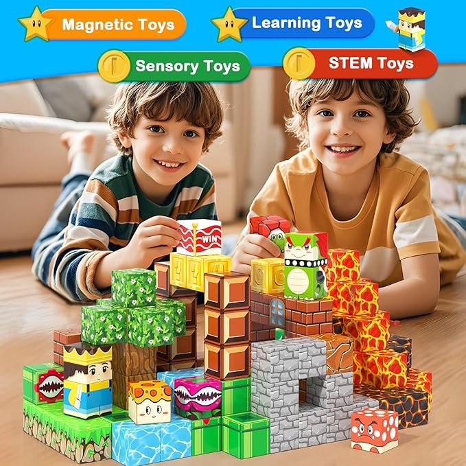 100pcs Magnetic Blocks - Build Mine Magnet World Game Adventure Set STEM Building Toys for Kids 3+ Years Old 1” Magnetic Cubes for Boys Toddler Boy Gifts Toys for Ages 3-5 5-7 8-12
