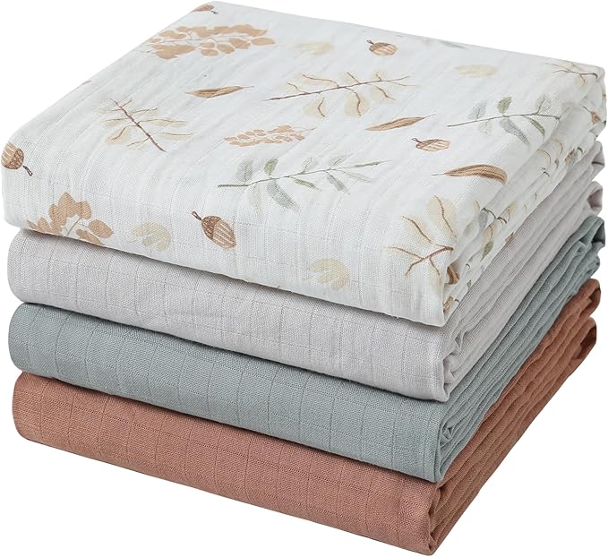 Muslin Swaddle Blankets for Boys & Girls, 4 Pack Receiving Baby Blanket for Newborns, Large 47 x 47 Inches, Soft Breathable Baby Swaddles, Acorn & Earthy Colors