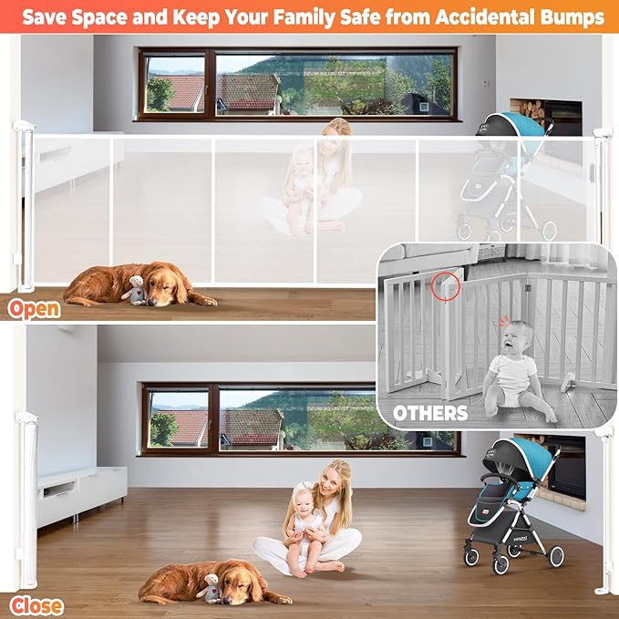 120" Extra Wide Retractable Baby Gates Dog Gate, Long Mesh Gate Pet Gate for Large Opening, 34" Extra Tall Child Safety Gate with Reinforced Strips for Stairs Hallways Doorways Deck Indoor Outdoor