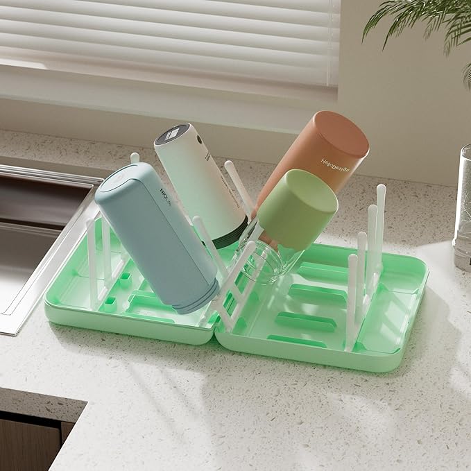 Portable Baby Bottle Brush Set with Multiple Brushes,Soap Dispenser, Foldable Bottle Drying Rack for 16 Bottles, Bottle Cleaner Brush Set for Bottles and Baby Accessories, Baby Travel Essential