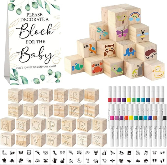 117 Pcs Baby Shower Blocks to Decorate Game Kit Includes 52 Wooden Blocks 24 Markers 1 Game Sign 40 Templates to Paint (Leaf)