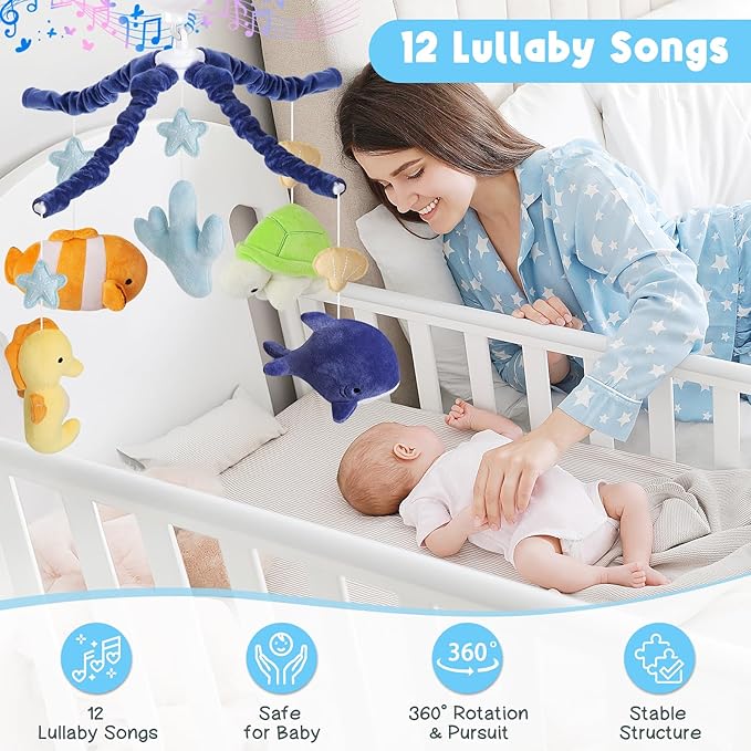 Ocean Crib Mobile - Musical Baby Mobile for Crib with 12 Lullabies for Boys & Girls, Sea Animals Baby Crib Mobile, Nursery Mobiles, Fits Standard Cribs
