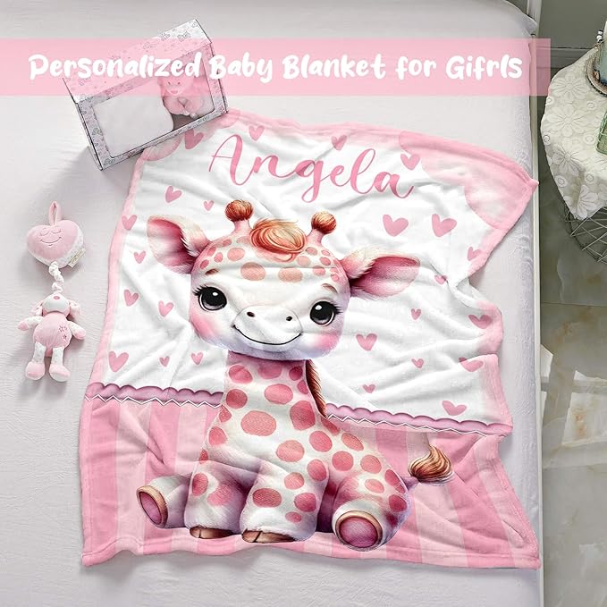 Personalized Baby Blanket for Girls, Custom Baby Blanket with Name, Soft Cozy Personalized Name Blankets for Kids, Customized Giraffe Blankets for Infant Toddler Birthday Christmas