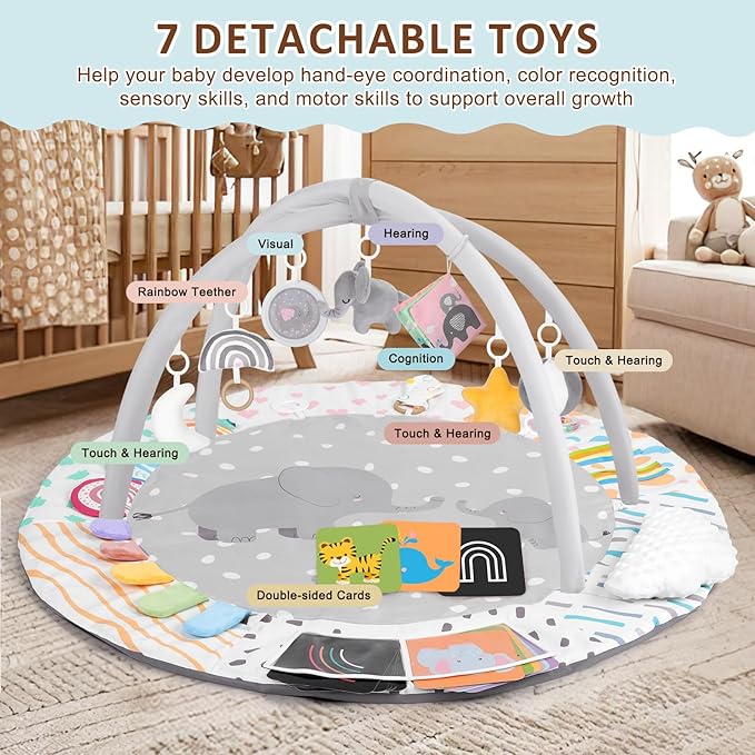 Baby Play Gym & Activity Mat, Tummy Time Mat with Tummy Time Pillow 7 Detachable Sensory Toys and Educational Cards for Motor Skills & Sensory Development, Baby Essentials Shower Gift, Grey Elephant
