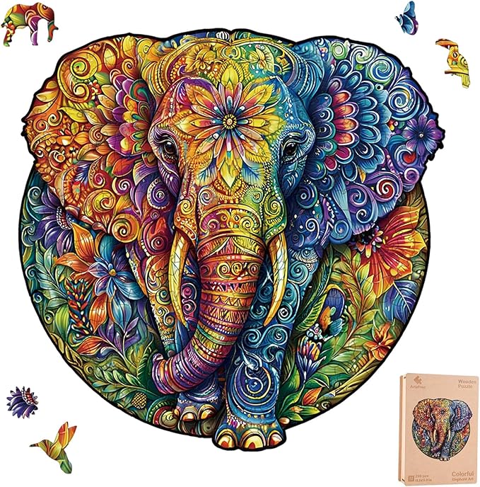Wooden Jigsaw Puzzle for Adults - Mandala Elephant Unique Animal Shaped, 11.1x11in, 200 Pieces, Zen Art, Challenging and Fun Gift