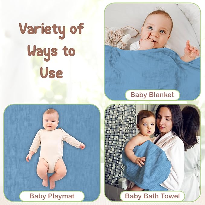 Organic Cotton Muslin Baby Hooded Towels - 32x32 Inch, 2 Pack Newborn Bath Towels for Boys & Girls, Soft & Absorbent Bath Set (Deep Blue/Aquarius)