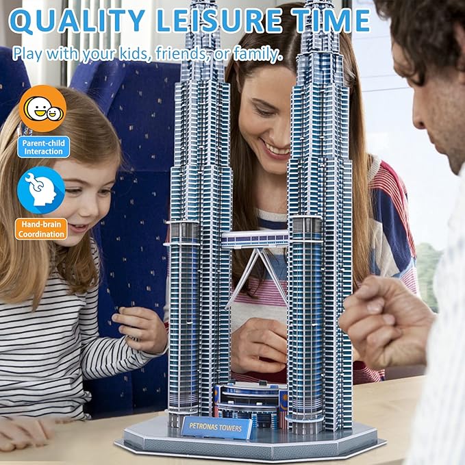 3D Puzzles for Adults & Kids, Petronas Twin Towers City Architecture Building Model Kit, 3-D Jigsaw Puzzles DIY STEM Desk Toys Christmas Birthday Gift for Hobbyist Teens Boys Girls 10-12-14, 130 PCS