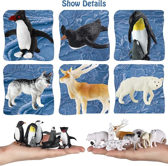 RCOMG Arctic Animals Figures, 14pcs Mini Polar Animal Figurines, Plastic Arctic Animal Toys Set with Arctic Fox Wolf Reindeer Penguins Toys