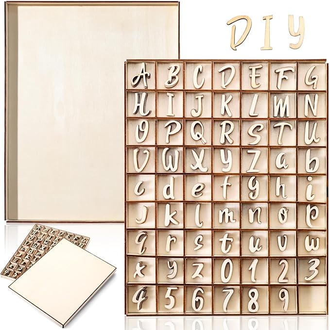 Geelin 248 Pcs 1 Inch Wood Alphabet Letters Numbers with Storage Box Blank Unfinished Wooden Letters Numbers with Rustic Storage Tray for Spelling Learning Education DIY Crafts
