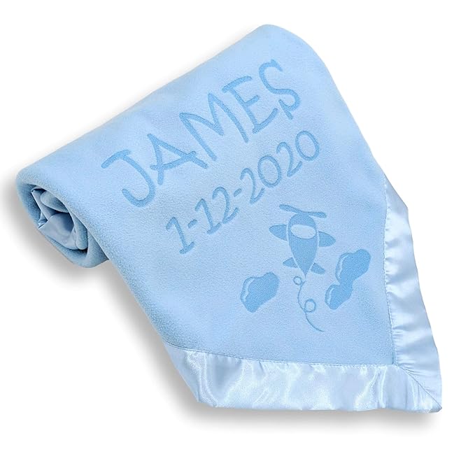 Custom Catch Ships Next Day from Vermont - Personalized Airplane Baby Blanket - Boy Name Gift - Blue or Pink (2 Text Lines)
