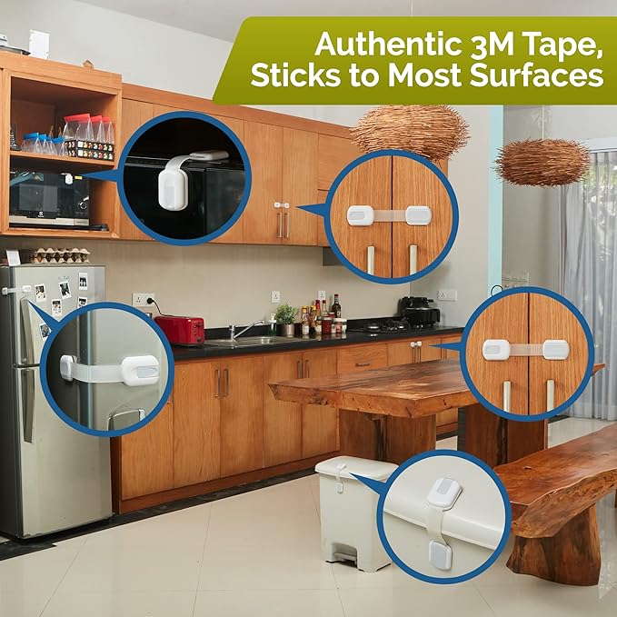 Child Safety Strap Locks (4-Pack) Baby Locks for Cabinets and Drawers, Toilet, Fridge & More. 3M Adhesive Pads. Easy Installation. (White/Gray)