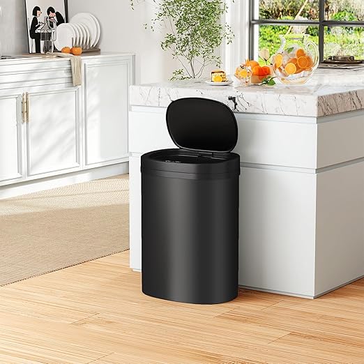 BestOffice | 13 Gallon Trash Can with Lid | Automatic Touchless Garbage Can | Odor Control | Modern Oval Design | Easy to Clean | Plastic | Black | Fits Any Kitchen, Bathroom, Office or Home