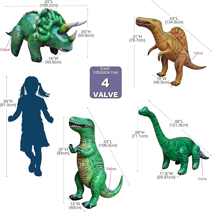 Jet Creations Inflatable Dinosaur 4-Pack – T-Rex (37"), Brachiosaurus (28"), Spinosaurus (31"), Triceratops (20") – Prehistoric Animals for Jurassic Decor, Pool Fun, Party Display, Photo Props