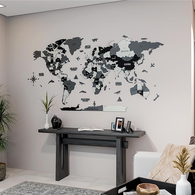 Colorfull Worlds 3D Wooden World Map Wall Art | Unique Wall Decor with Pins for Travel Enthusiasts | Home and Office Wall Décor | Grey | Medium