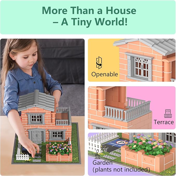 Mini House Building Kit for Kids Age 8+ - Block Building Toys with Real Mini Bricks, STEM Creative Gifts for Boys Girls- DIY Tiny House Construction Set