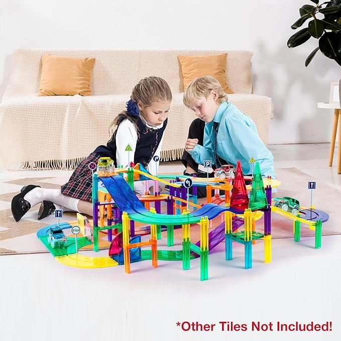 PicassoTiles 12pcs Race Track Add-On Magnetic Railway 5Styles Building Block Set Magnet Tiles Construction Toy STEM Learning Early Education Toys Blocks Child Brain Development for Kids Age 3+ PTR12