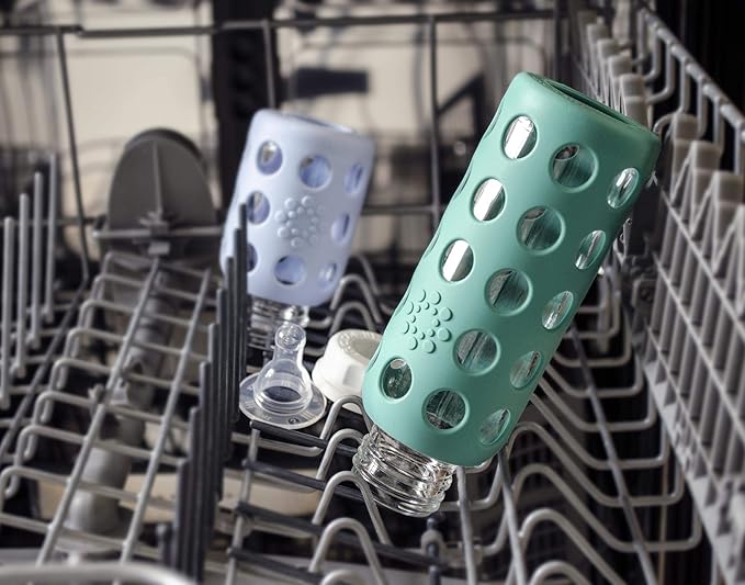 Lifefactory Baby Bottle Starter Set 12-Piece | 4 oz Mint & Lavender, 9 oz Kale & Grape | Includes Flat Caps, Sippy Caps, Stage 3 Nipples