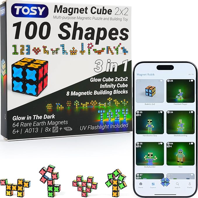 TOSY Magnet Cube 2x2 - 8 Blocks, 2in1 Toy: 2x2x2 Puzzle Cube and Customizable Infinity Cube, Glowing, Christmas Stocking Stuffers Gift for Kids/Grandkids, UV Flashlight, Sensory/STEM Toy