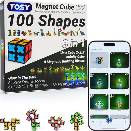 TOSY Magnet Cube 2x2 - 8 Blocks, 2in1 Toy: 2x2x2 Puzzle Cube and Customizable Infinity Cube, Glowing, Christmas Stocking Stuffers Gift for Kids/Grandkids, UV Flashlight, Sensory/STEM Toy