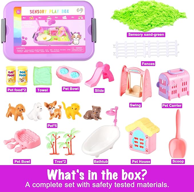 Pet Sensory bin,Dog and Cat Sandbox for Kids,Kids Play Sand Kit,Pet Play Set with Sensory Sand,Pet Care Play Set,Role Pretend Play Beach Toy Birthday Gift for Girls Boys 3 4 5 6 Years Old