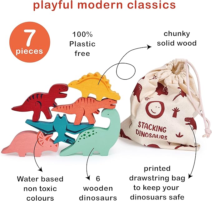 Mentari Toys - Happy Stacking Dinosaurs - 6pc Wooden Stacking Toy for Toddlers - Colorful Dinosaur Balancing Activity Toy with Bag - Boost Fine Motor Skills and Dexterity - Age 18m+
