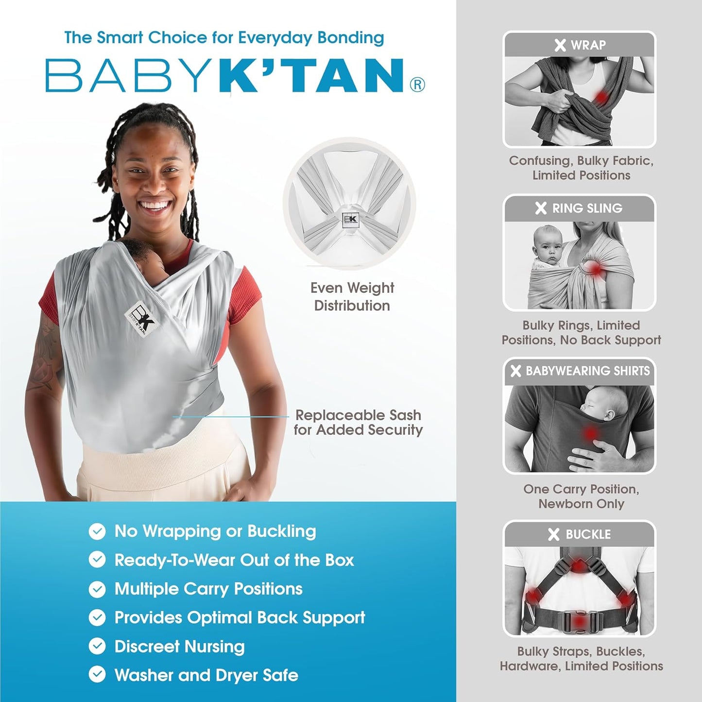 Small-Petite Original Baby K'tan Baby Carrier: #1 Easy Pre-Wrapped, Soft, Slip-On, No Rings, No Buckles | 5 in 1 Baby Sling Gift | Infant Wrap for Newborn to Toddler up to 35lb Women 2-4, Men up to 36