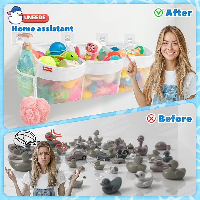 UNEEDE 3 Compartment Horizontal Bath Toy Organizer for Tub,Extra Large Capacity 4.95 Gallons Bath Toy Storage Holder,Mesh Quick Dry Bathtub Storage and Organizer,Easy Access Baby Bathtub Holder