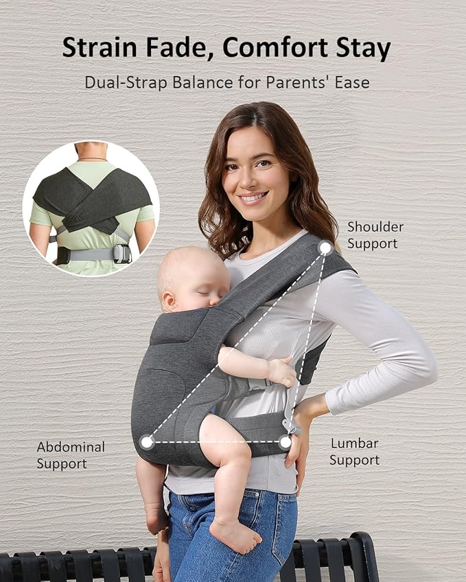 HEYVALUE Baby Carrier Newborn to Toddler(7-35lbs), Ergonomic Cross-Back Wraps with Adjustable Straps, Newborn Carrier with Effortless Put-On, Head Support for Hands-Free Comfort, Deep Gray