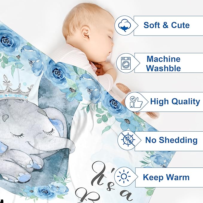 J&SBGFT Personalized Baby Blanket for Boys - Custom Name Receiving Blanket for Toddlers, Kids Nursery, Stroller, Crib Decor Throw - Elephant It's a Boy