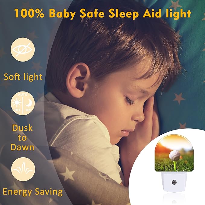 Golf Ball on tee Night Light, Green Grass Sunset Dusk to Dawn Night Light Plug into Wall,0.5w Energy Saving Sleep Friendly NightLight for Kids Boys Girls Hallway Stairway Bedroom