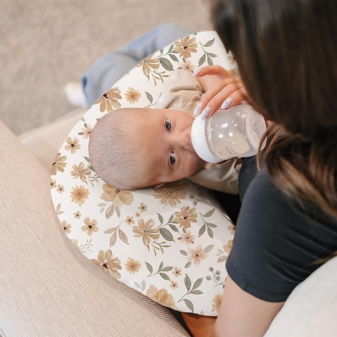 Konssy 2 Pack Nursing Pillow Covers, Stretchy and Soft Nursing Cover for Breastfeeding Pillows, Pillow Slipcover for Baby Girls Boys Newborn (Beige,Watercolour-Flower)