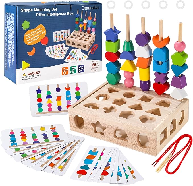 3 in 1 Montessori Wooden Beads Sequencing Toy Set Color Sorting Stacking Geometric Shape Matching Game Beads Sequencing Toy Lacing Beads Stem Fine Motor Skills for Toddlers
