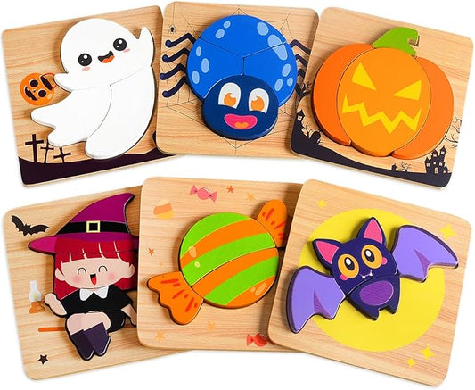 Halloween Wooden Puzzles Toys for Toddlers 1-3, for Baby Boys Girls, Halloween Toys for 1 2 3 Year Old Learning, Halloweens Party Favors for Kids, Trick or Treat Goodie Bag Fillers