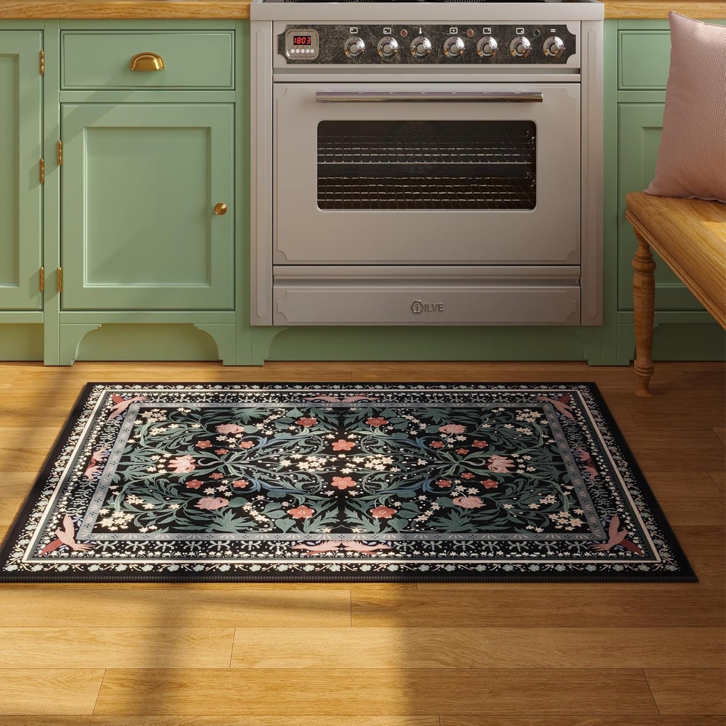 Door Mat Indoor Entrance 2x3 Rug Machine Washable Vintage Floral Botanical Small Area Rug Non-Slip Low Pile Throw Rugs for Entryway, Kitchen, Front Door Entrance, Entry, Kids Room, Black