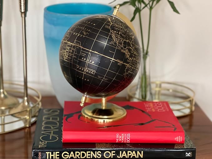 Explorers Globe, Incised Details, Black With Gold Accents, Mapped with Locations, Longitude and Latitude, Resin, Crescent Stand Mounted, Circular Gallery Base, 12.25 Inches Tall