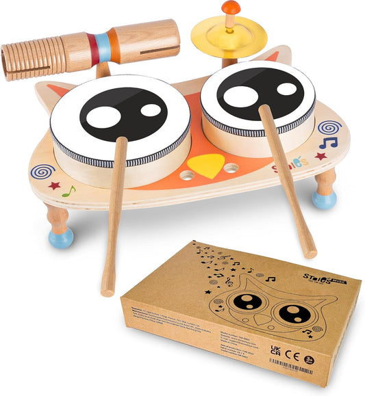 Stoie's Owl Drum Set for Babies and Toddlers 3-5 Years Old- Wooden Percussion Musical Instruments for Kids with Cymbals, Tambourines, Drumsticks, Durable, Safe to Play, Clear Sound, Easy-to asseble