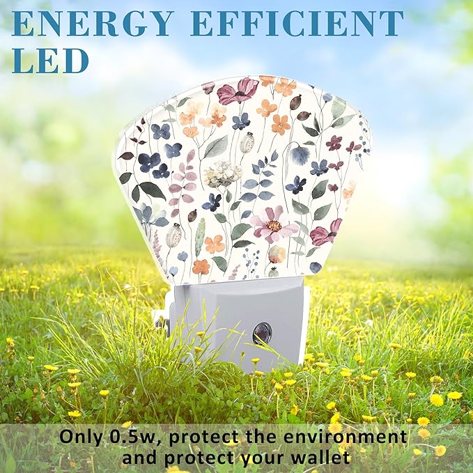 Watercolor Flowers Night Light for Kids Girls Boys, Leaves and Plants LED Night Light Plug into Wall with Dusk to Dawn Sensor for Bedroom, Hallway, Kitchen, Bathroom, Stairs Decor