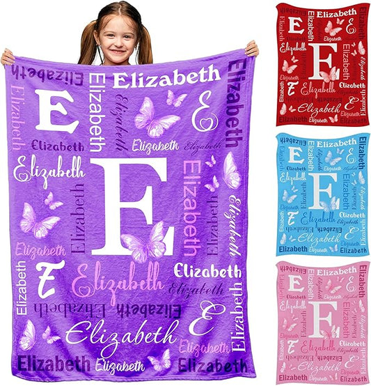Personalized Toddler Blanket with Name for Girls Boys, Custom Baby Name Blanket Purple Butterfly Pattern, Soft Nursery Blanket for Baby Shower, Easter, Christmas, Birthday Newborn & Toddler Gifts