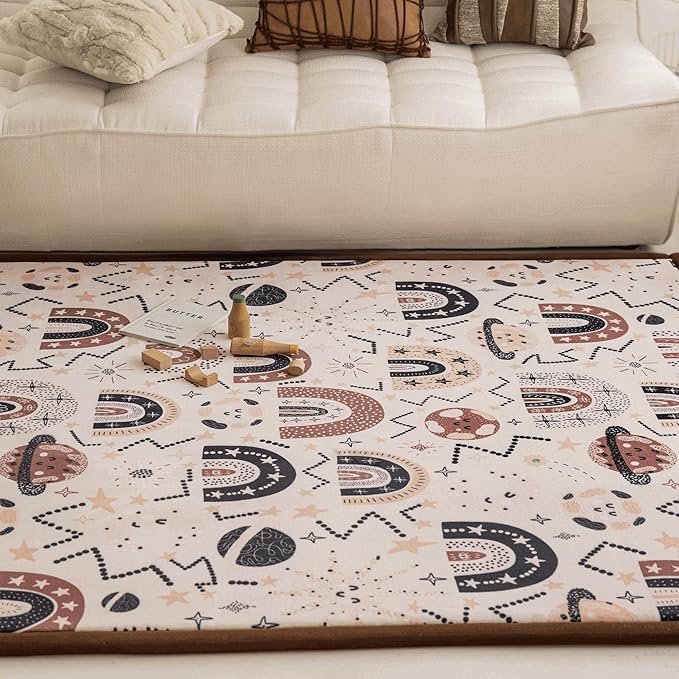 Loartee Rainbow Kids Play Mat - 1" Thick Baby Nursery Rug, Soft Crawling Mat for Toddlers and Tummy Time, Coral Velvet Memory Foam Rug, Brown, 50"x50"