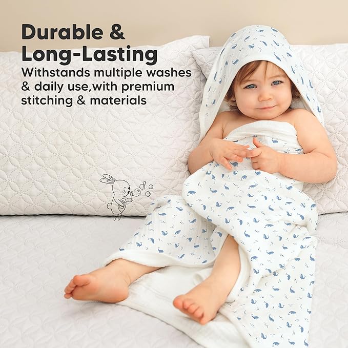 KeaBabies Muslin Baby Bath Towels with Hood for Girls,Boys-Large Organic Cotton Hooded Baby Towels for Newborns,Toddlers,Infant,Kids,Soft Absorbent Newborn Bath Essentials Gift Set(Whale Bay, Regular)