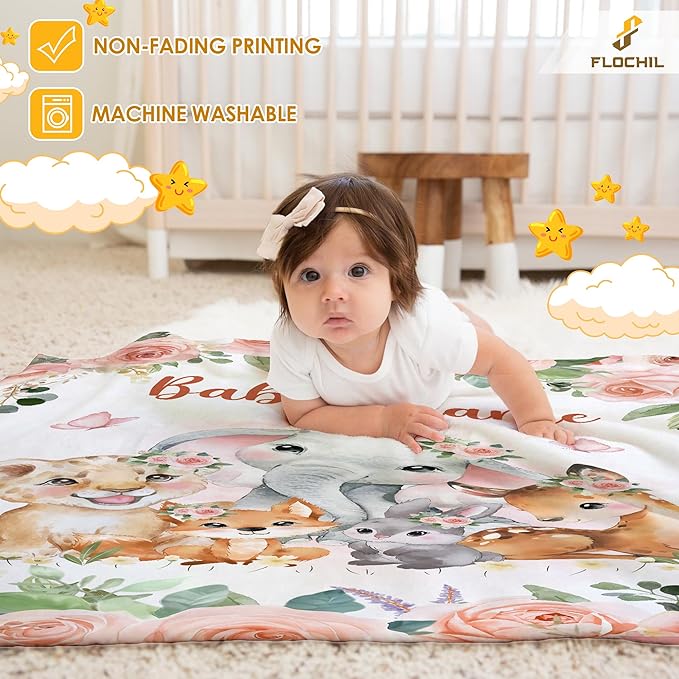 FLOCHIL Personalized Baby Blanket for Girls, Custom Baby Blanket with Name, Customized Baby Products, Gift for Baby, Newborn, Baby Shower (Woodland 2)